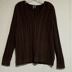 LAUREN RALPH LAUREN Brown Cable Knit Cotton V-neck Long Sleeve Sweater Size 1X
